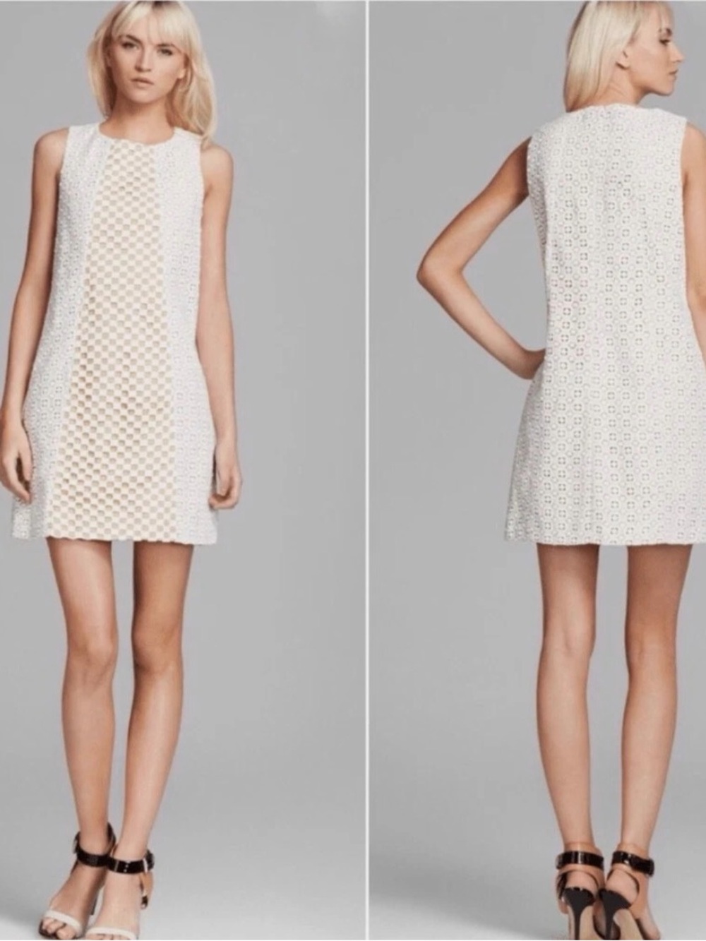Tibi Sonoran Cotton Geometric Eyelet Overlay Shift Dress sz 6 Neutral EUC